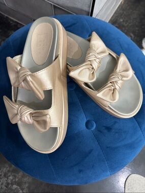 ShuShop Metallic Beige Double-Bow Slide Sandals